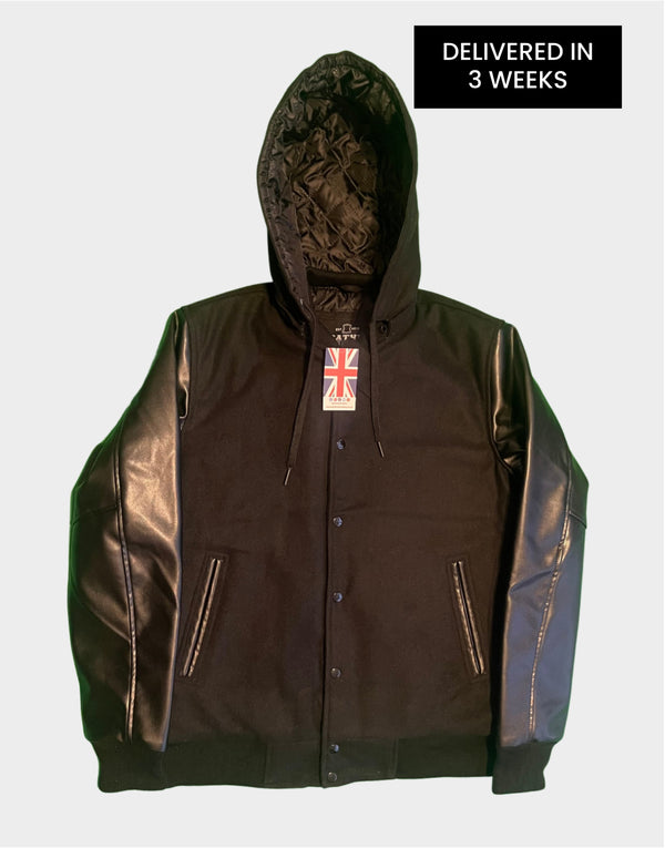 Mens Plus Size Varsity Jacket - Mens Baseball Jacket - Black Varsity Jacket With Detachable Hood { Delivered in 3 Weeks }