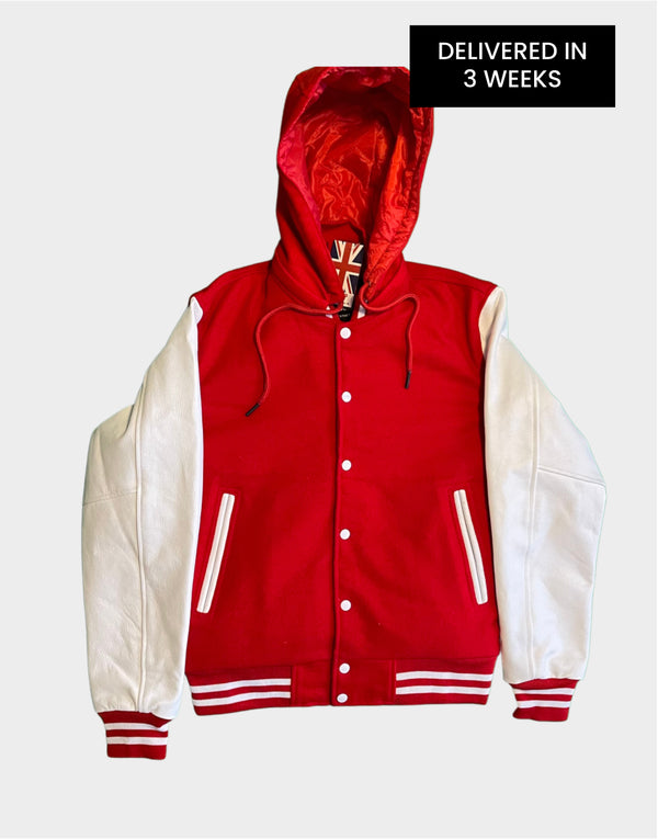 Mens Plus Size Varsity Jacket - Mens Baseball Jacket - Red Varsity Jacket With Detachable Hood { Delivered in 3 Weeks }