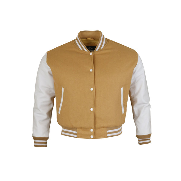 Light Tan Beige Varsity Jacket Women - Wool Beige Varsity Jacket & Genuine Leather Sleeves - Tan Beige Letterman Baseball Jacket