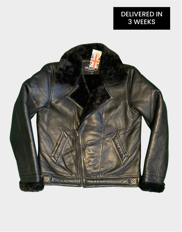 Mens Plus Size Genuine Leather Shearling Jacket - Black { Delivered in 3 Weeks }