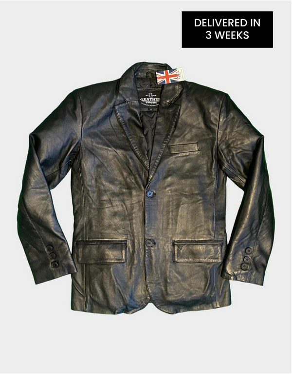 Mens Plus Size Genuine Sheepskin Black Leather Blazer - Black Leather Coat { Delivered in 3 Weeks }