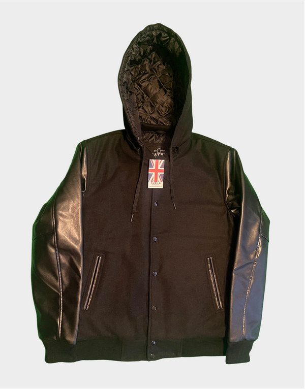 Mens Varsity Jacket - Mens Baseball Jacket - Black Varsity Jacket With Detachable Hood