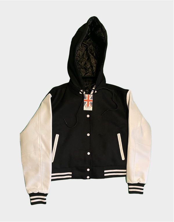 Black and White Varsity Jacket with Hoodie - Leather Fandom