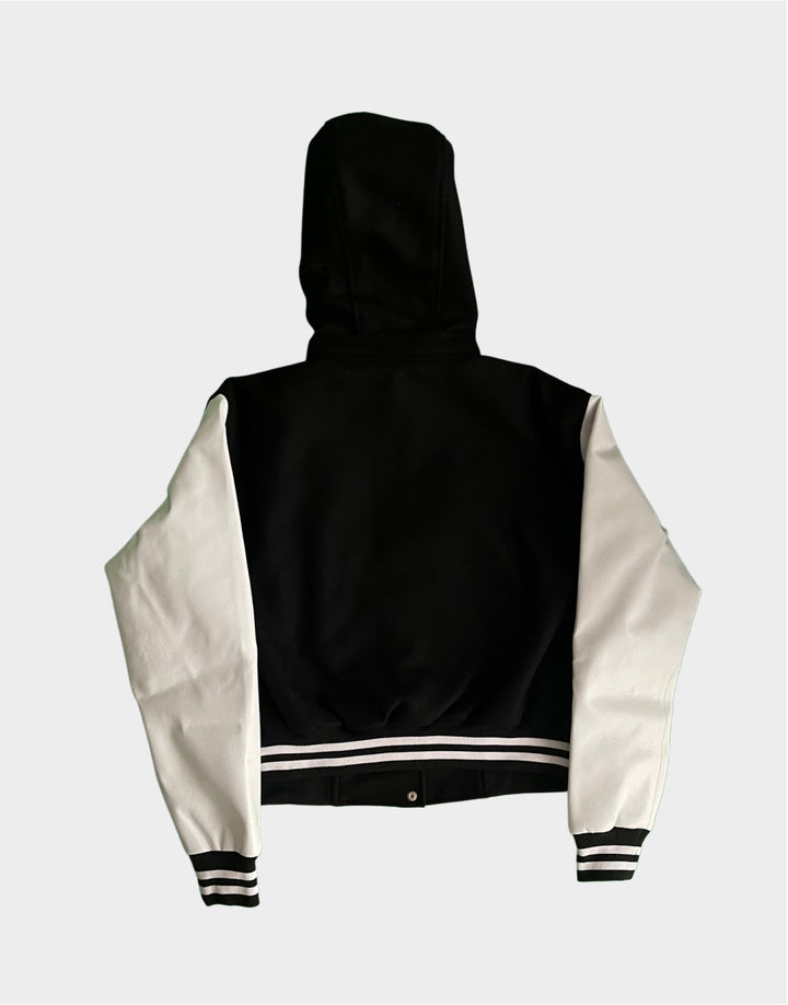 Black and White Varsity Jacket with Hood - Leather Fandom